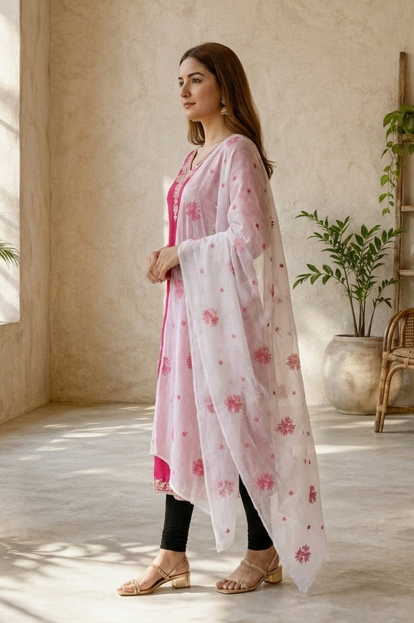Off White Thread Embroidered Semi Sheer Kota Dupatta