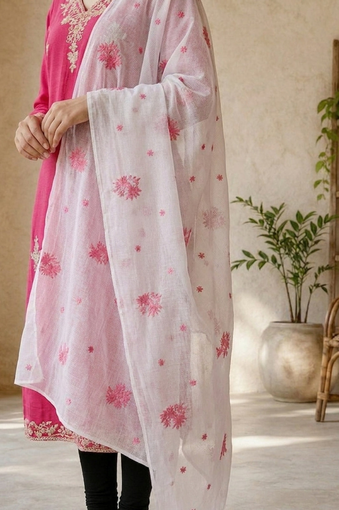 Off White Thread Embroidered Semi Sheer Kota Dupatta