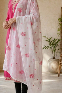 Off White Thread Embroidered Semi Sheer Kota Dupatta