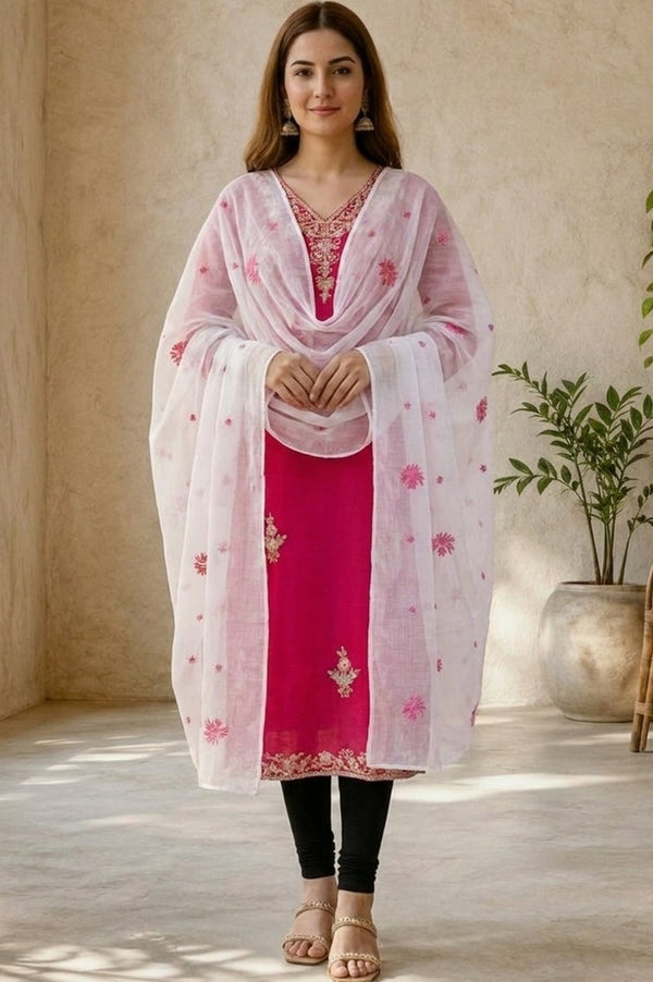 Off White Thread Embroidered Semi Sheer Kota Dupatta