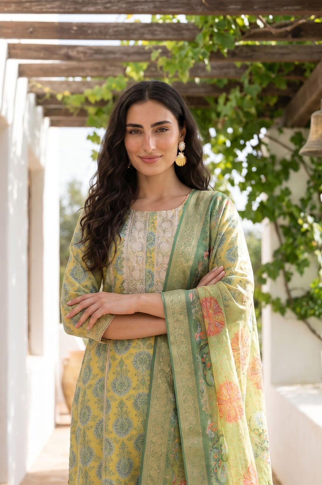 Lime Green Floral Printed Dupatta with Border