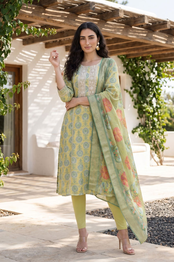 Lime Green Floral Printed Dupatta with Border