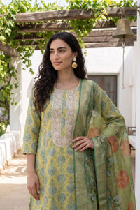 Lime Green Floral Printed Dupatta with Border