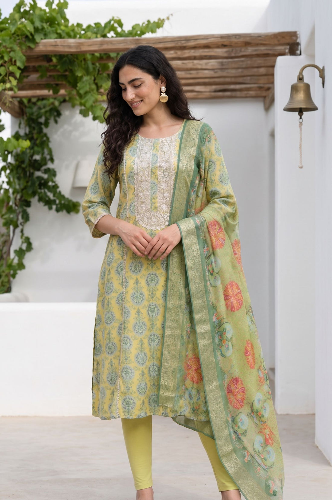 Lime Green Floral Printed Dupatta with Border