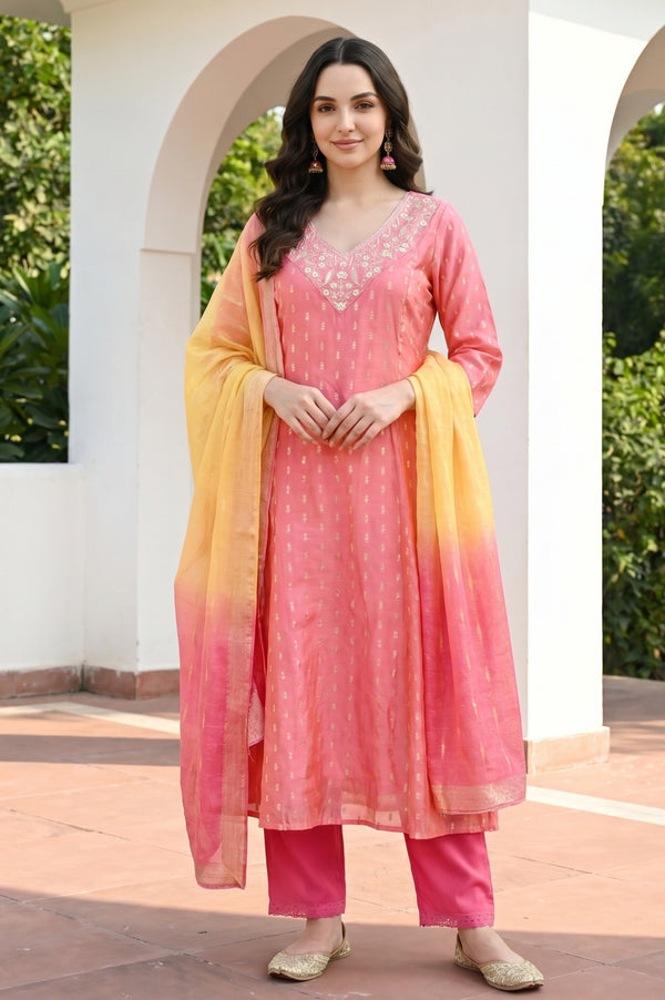 Aurelia Women's Pink Ombre Zari Jacquard Dupatta