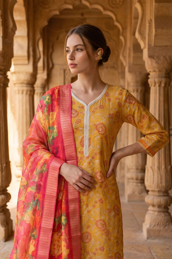 Pink Floral Printed Dupatta With Border