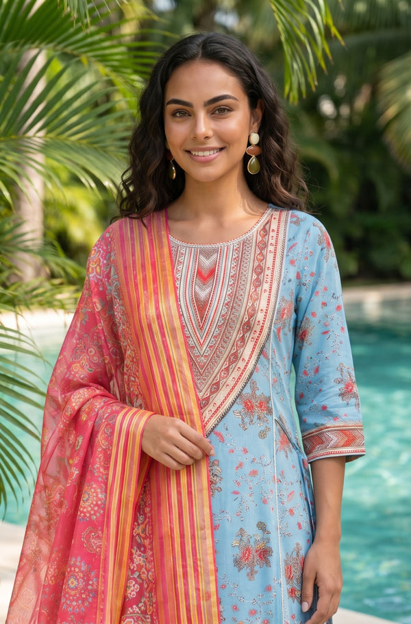 Pink Zari Floral Printed Jacquard Dupatta