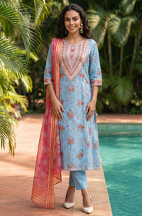 Pink Zari Floral Printed Jacquard Dupatta