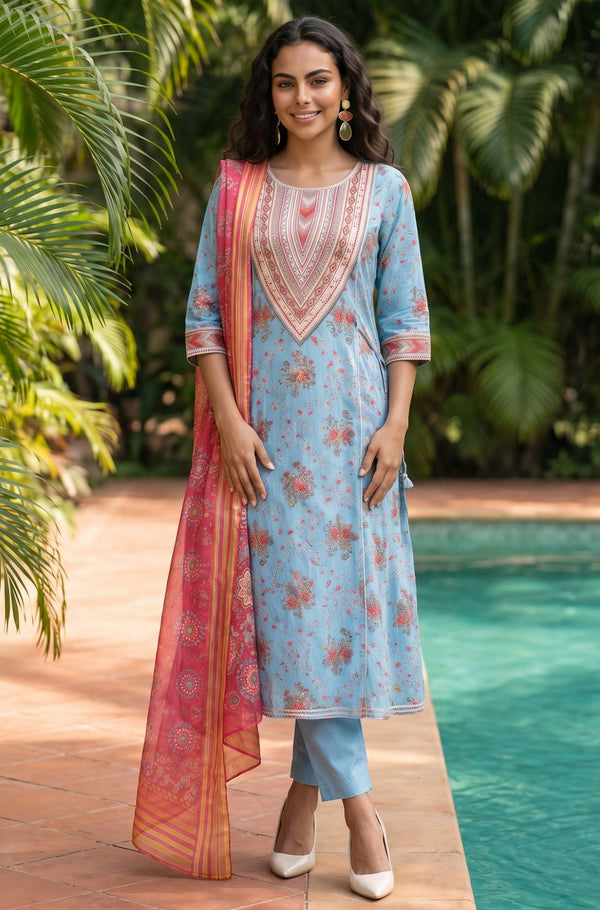 Pink Zari Floral Printed Jacquard Dupatta