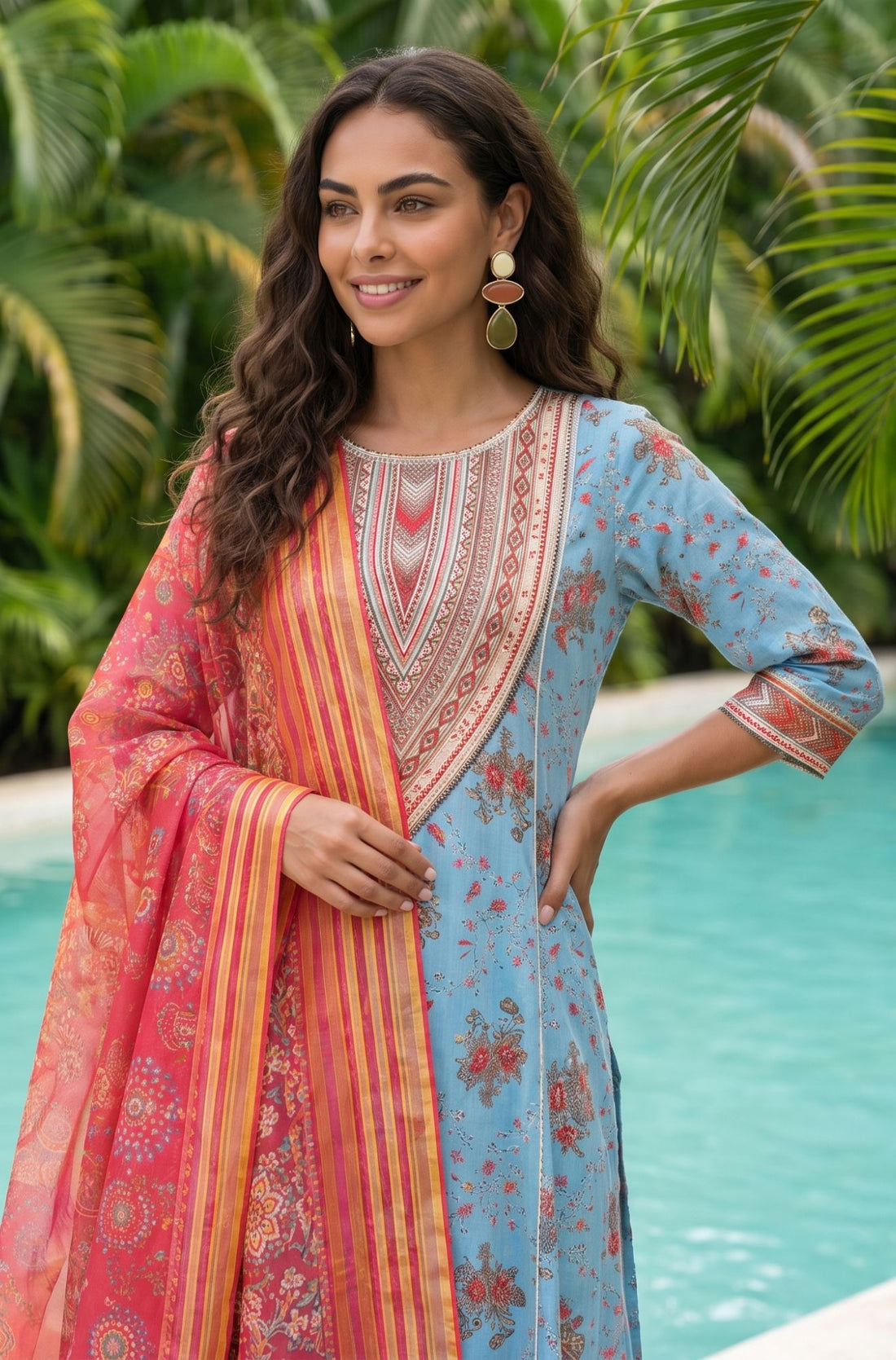 Pink Zari Floral Printed Jacquard Dupatta
