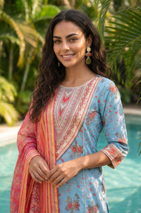Pink Zari Floral Printed Jacquard Dupatta