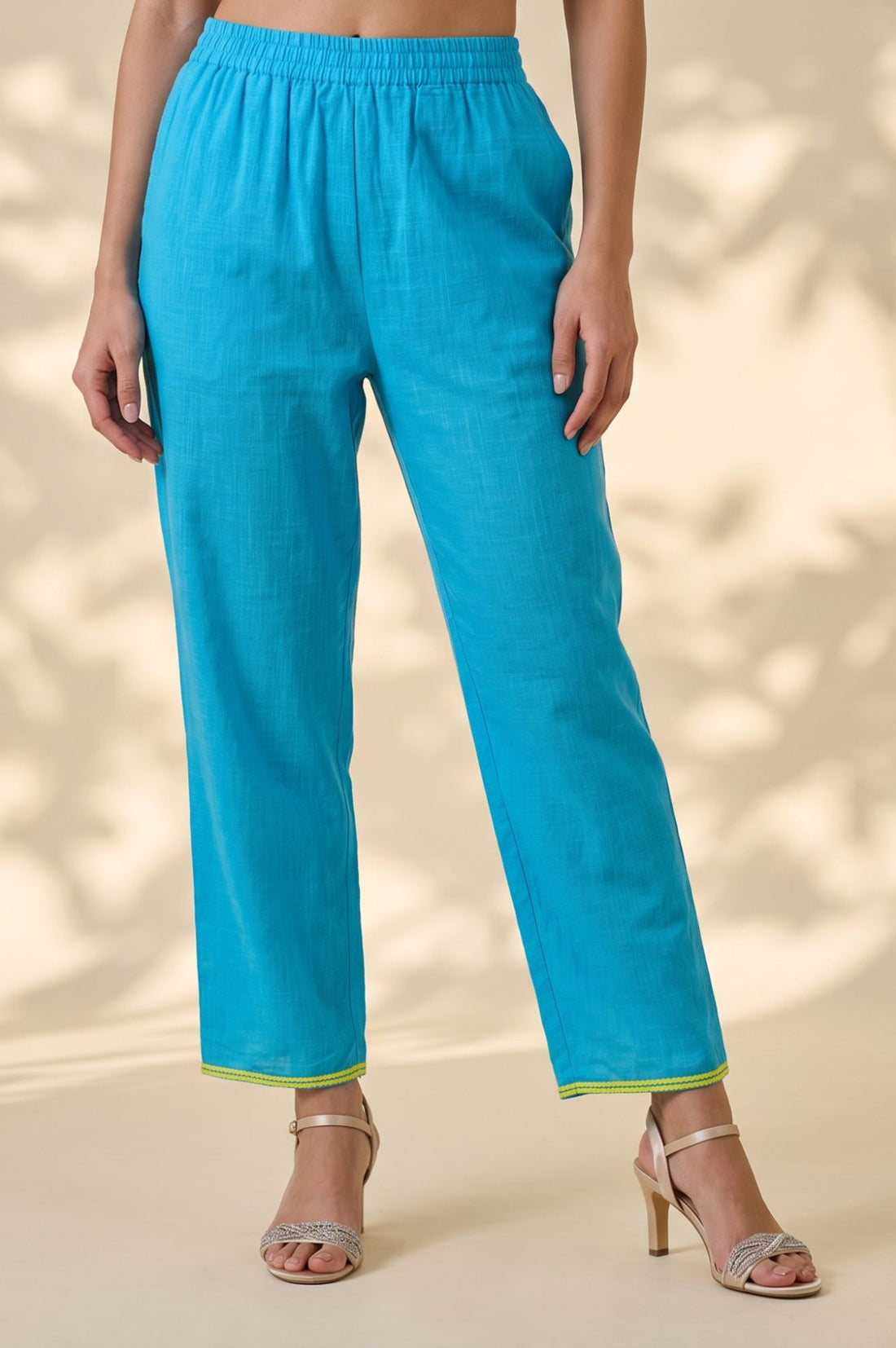 Blue Embroidered Pure Cotton Straight Fit Ankle Length Trousers