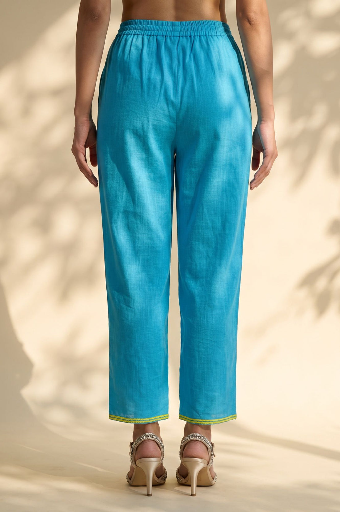 Blue Embroidered Pure Cotton Straight Fit Ankle Length Trousers