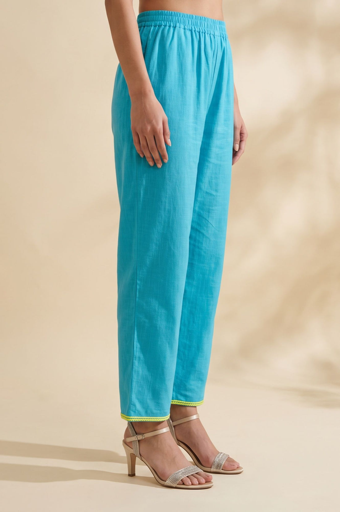 Blue Embroidered Pure Cotton Straight Fit Ankle Length Trousers