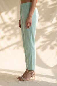 Mint Green Solid Cotton Flax Straight Pants