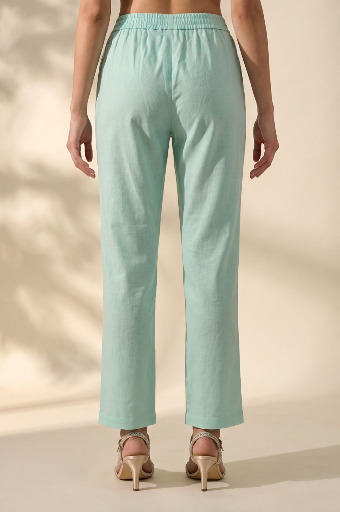 Mint Green Solid Cotton Flax Straight Pants