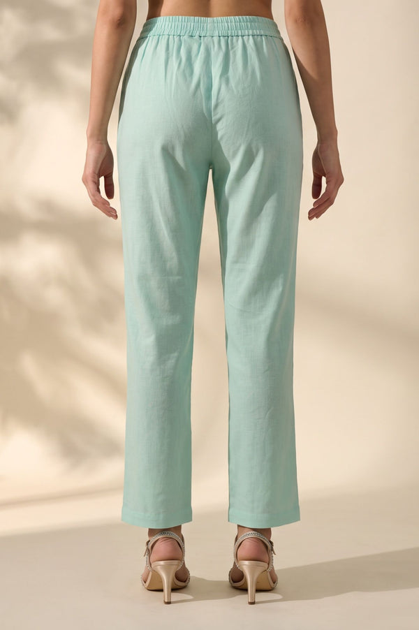 Mint Green Solid Cotton Flax Straight Pants