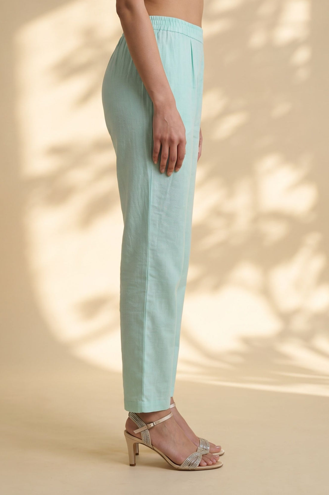 Mint Green Solid Cotton Flax Straight Pants