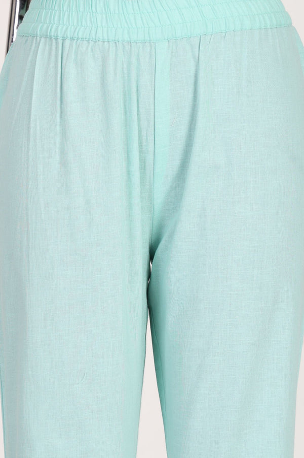Mint Green Solid Cotton Flax Straight Pants