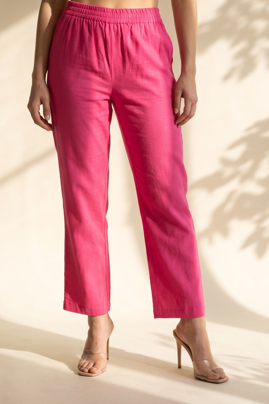 Pink Solid Cotton Flax Straight Fit Ankle Length Pants