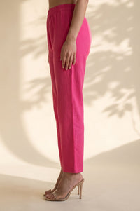 Pink Solid Cotton Flax Straight Fit Ankle Length Pants