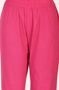 Pink Solid Cotton Flax Straight Fit Ankle Length Pants