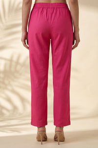 Pink Solid Cotton Flax Straight Fit Ankle Length Pants
