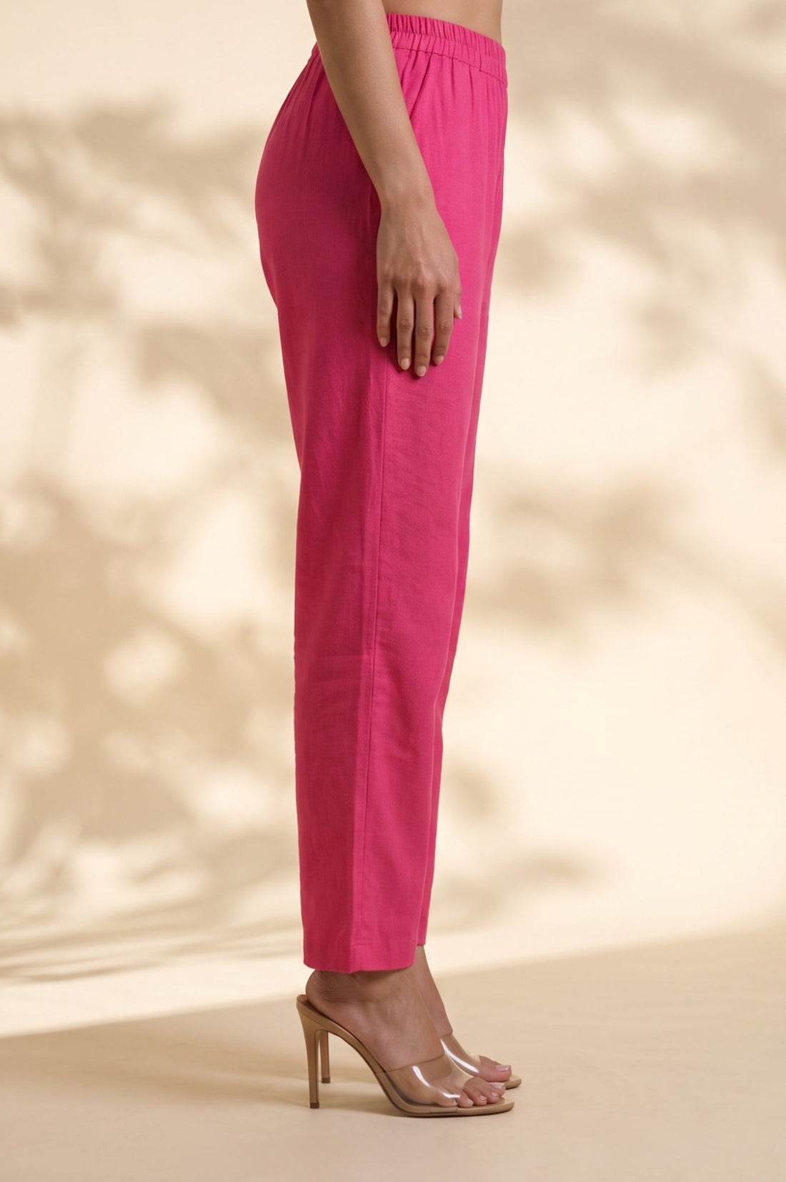 Pink Solid Cotton Flax Straight Fit Ankle Length Pants