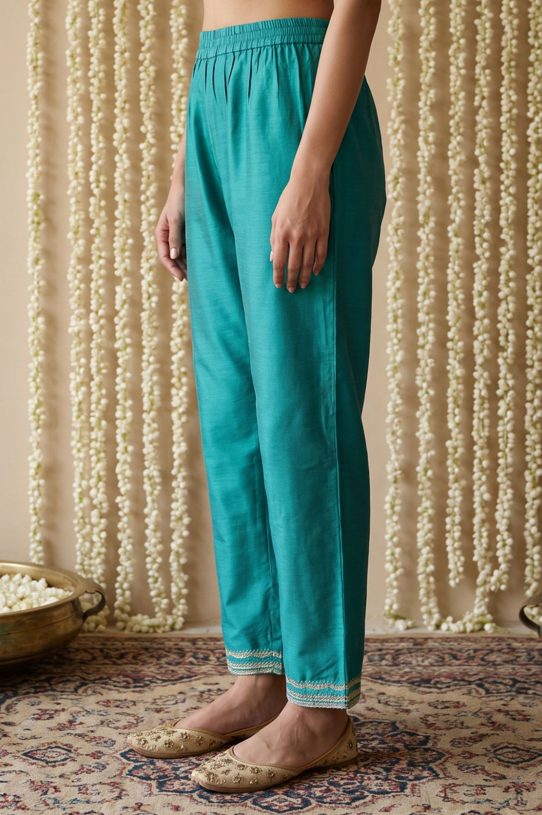 Teal Embroidered Straight Fit Ankle Length Trousers