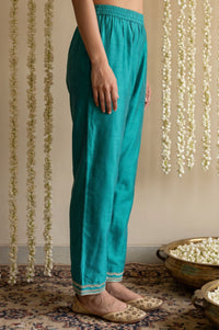 Teal Embroidered Straight Fit Ankle Length Trousers