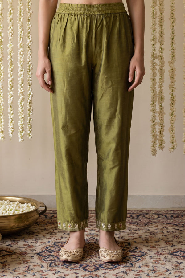 Olive Yarn Dyed Hem Embroidered Straight Ankle Length Mid Rise Trousers
