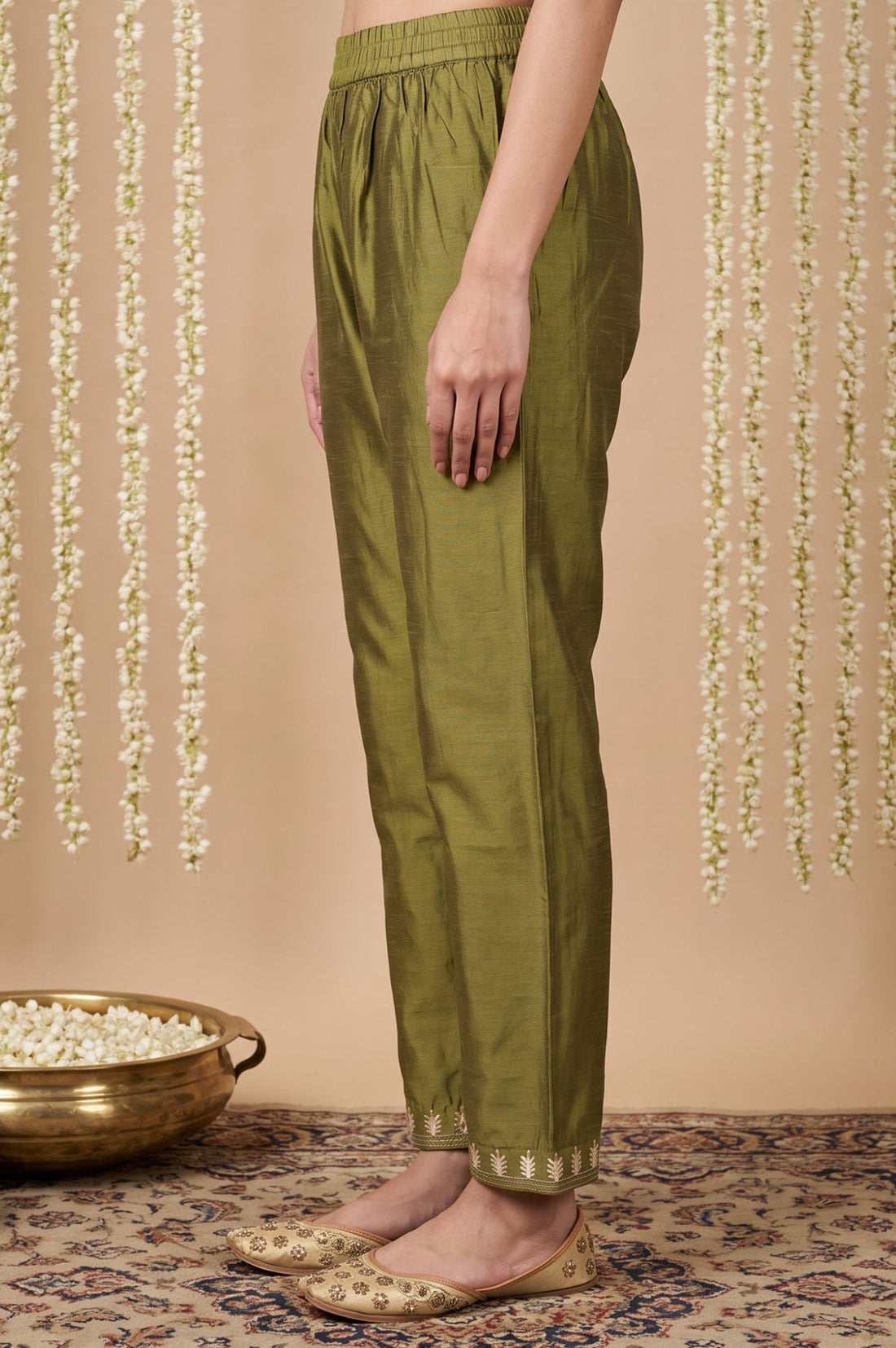 Olive Yarn Dyed Hem Embroidered Straight Ankle Length Mid Rise Trousers