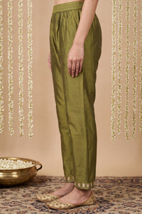 Olive Yarn Dyed Hem Embroidered Straight Ankle Length Mid Rise Trousers