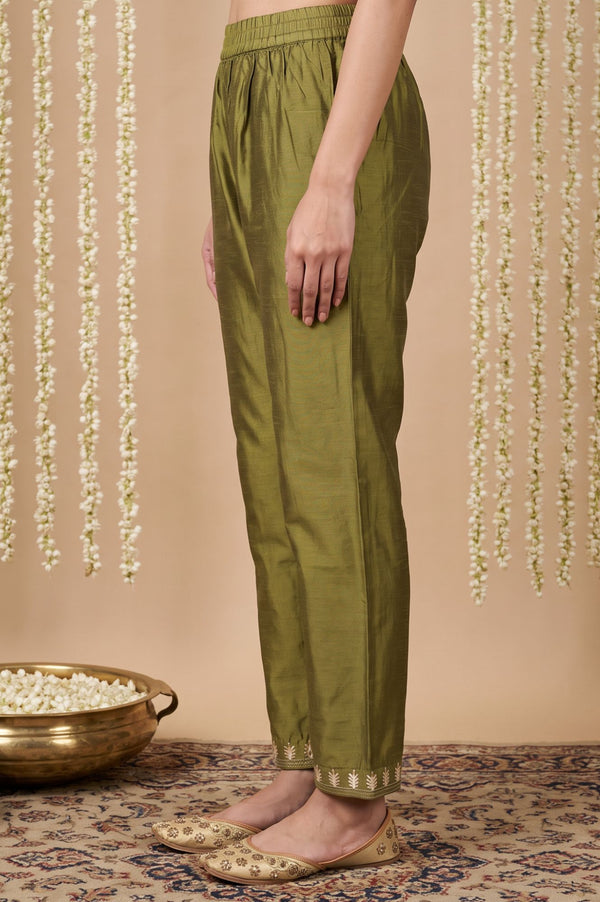 Olive Yarn Dyed Hem Embroidered Straight Ankle Length Mid Rise Trousers