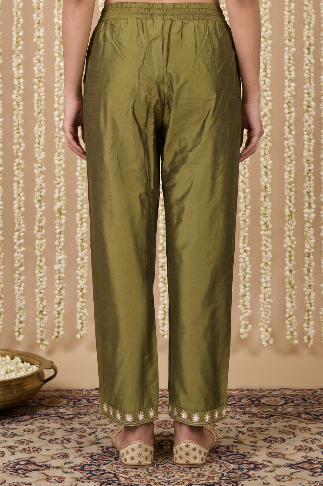 Olive Yarn Dyed Hem Embroidered Straight Ankle Length Mid Rise Trousers