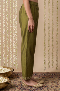 Olive Yarn Dyed Hem Embroidered Straight Ankle Length Mid Rise Trousers