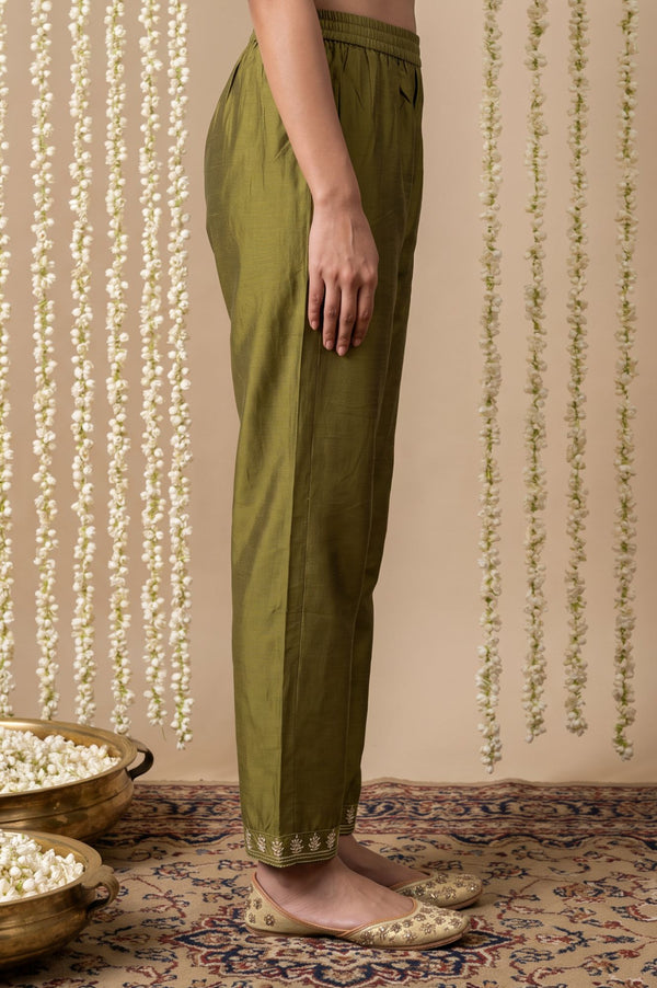 Olive Yarn Dyed Hem Embroidered Straight Ankle Length Mid Rise Trousers