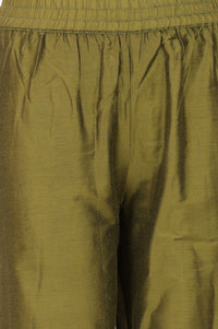Olive Yarn Dyed Hem Embroidered Straight Ankle Length Mid Rise Trousers