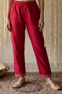 Maroon Yarn Dyed Hem Zari Embroidered Straight Ankle Length Mid Rise Trousers
