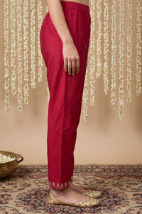 Maroon Yarn Dyed Hem Zari Embroidered Straight Ankle Length Mid Rise Trousers