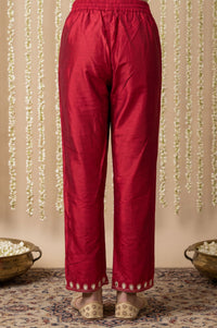 Maroon Yarn Dyed Hem Zari Embroidered Straight Ankle Length Mid Rise Trousers
