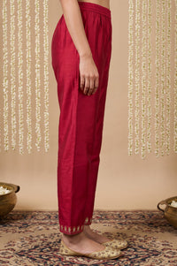Maroon Yarn Dyed Hem Zari Embroidered Straight Ankle Length Mid Rise Trousers