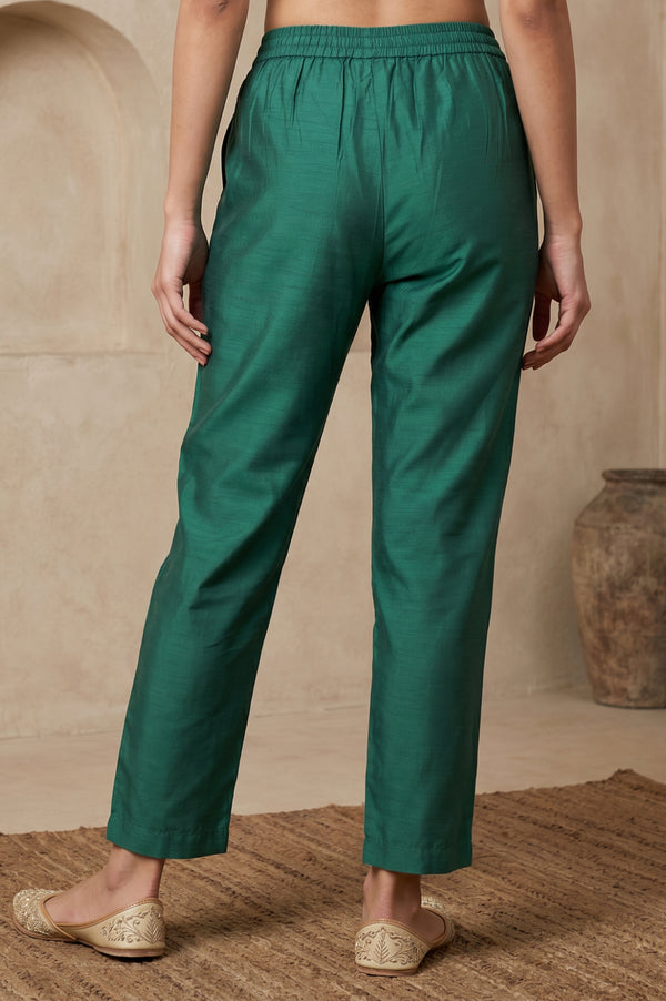 Teal Yarn Dyed Ankle Length Mid Rise Straight Fit Trousers
