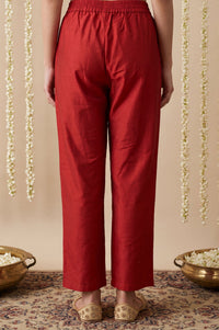 Red Yarn Dyed Solid Straight Fit Ankle Length Mid Rise Trousers