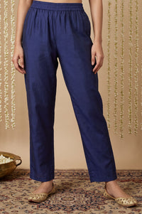 Navy Blue Yarn Dyed Solid Straight Fit Ankle Length Mid Rise Trousers