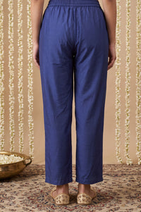 Navy Blue Yarn Dyed Solid Straight Fit Ankle Length Mid Rise Trousers