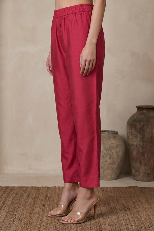 Red Yarn Dyed Jacquard Ankle Length Trousers