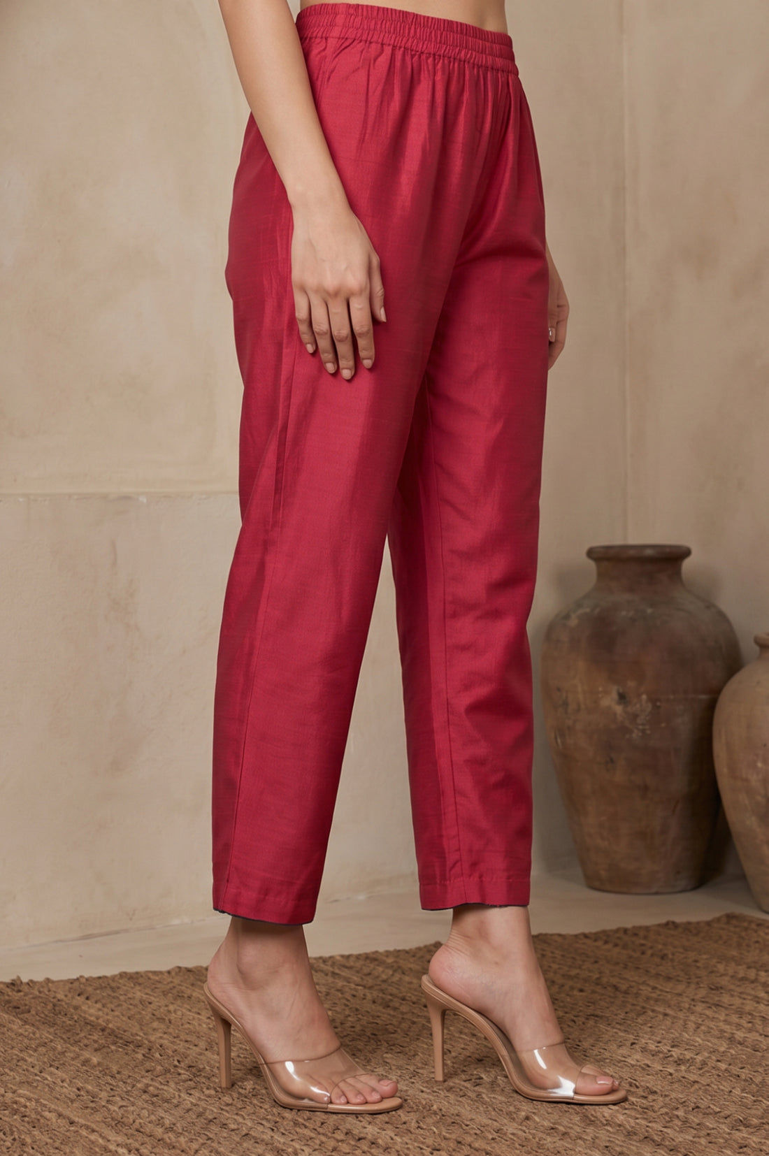 Red Yarn Dyed Jacquard Ankle Length Trousers