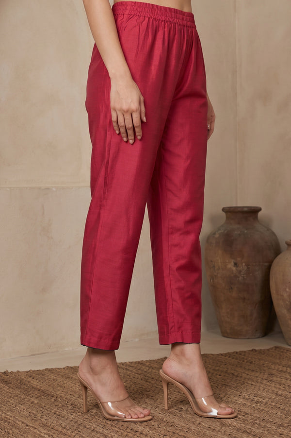 Red Yarn Dyed Jacquard Ankle Length Trousers