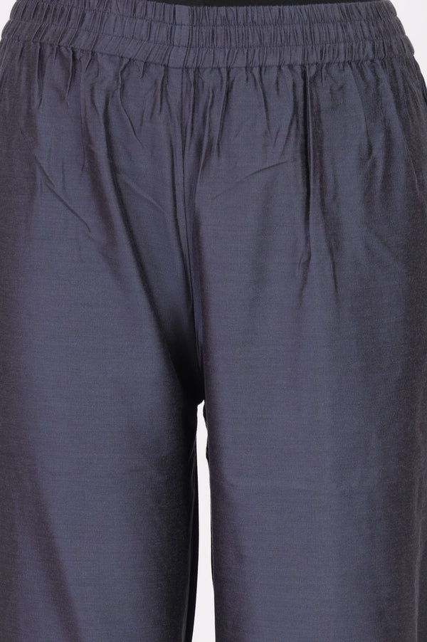 Grey Yarn Dyed Solid Straight Fit Ankle Length Mid Rise Trousers